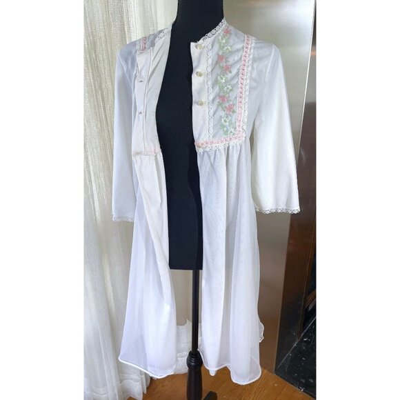 Vintage 80s robe, white and pink delicate night gown, FrenchMaid - Picture 8 of 9